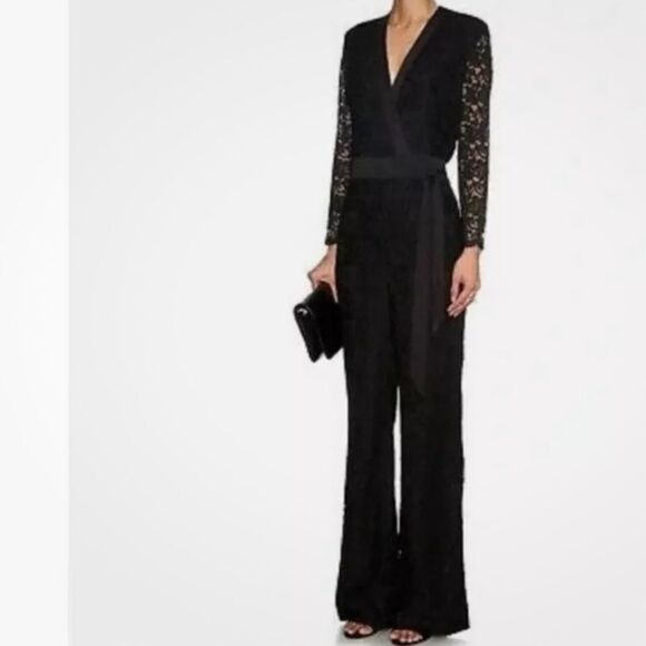 DIANE VON FURSTENBERG DVF Jumpsuit 4 Black Lace Long Sheer Sleeve Wrap Belted - Picture 2 of 10